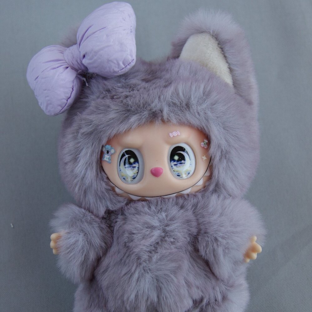 Custom Labubu Inspired The Monsters Grey With Purple Hair Bow Vinyl Plush Pendan